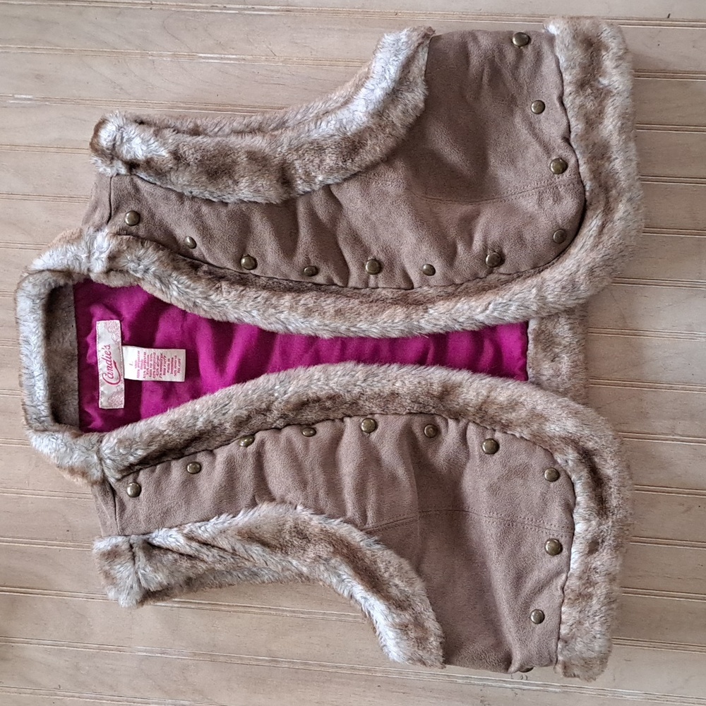 Candie’s Faux Suede Faux Fur Trim Studded Vest Boho Western Y2K Kids